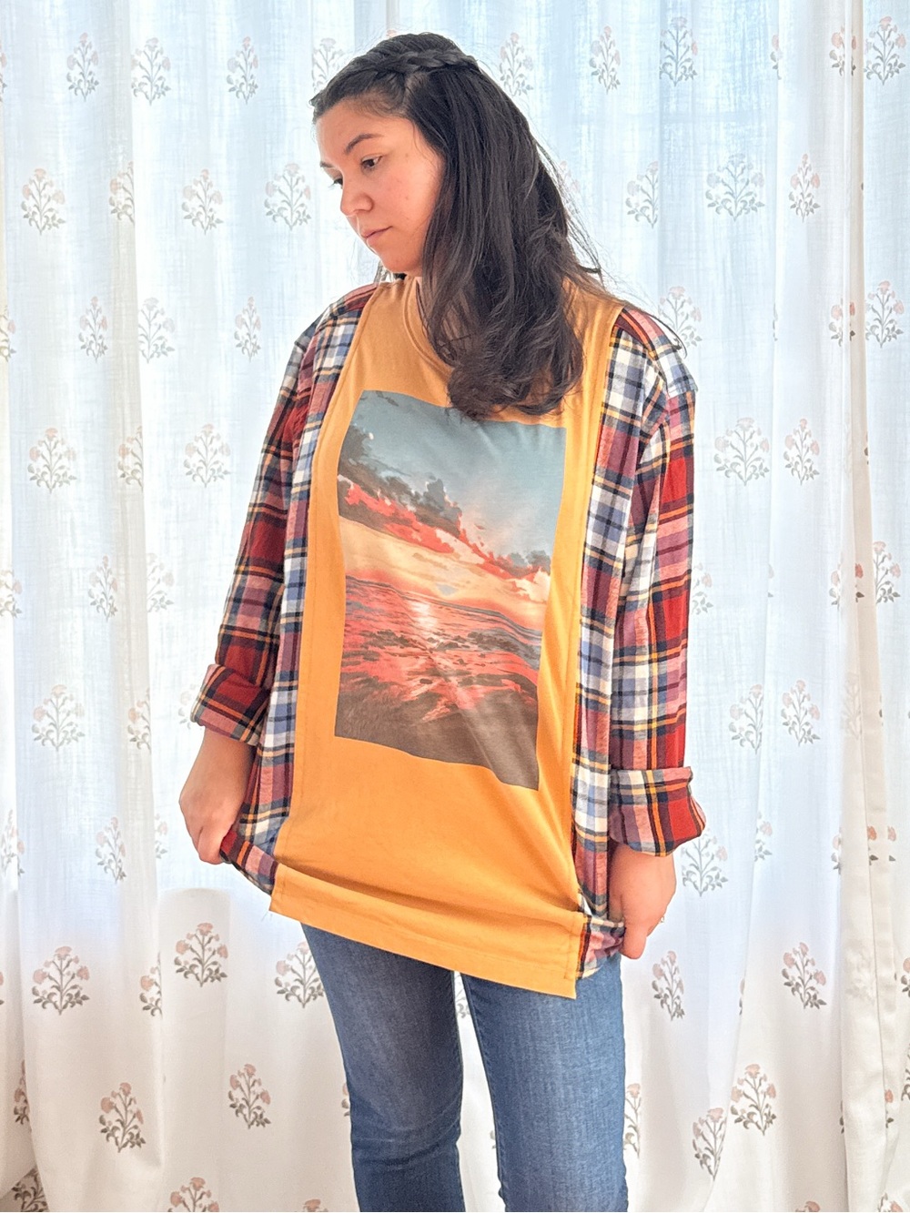 Cozy Upcycled Tee with Flannel Sleeves